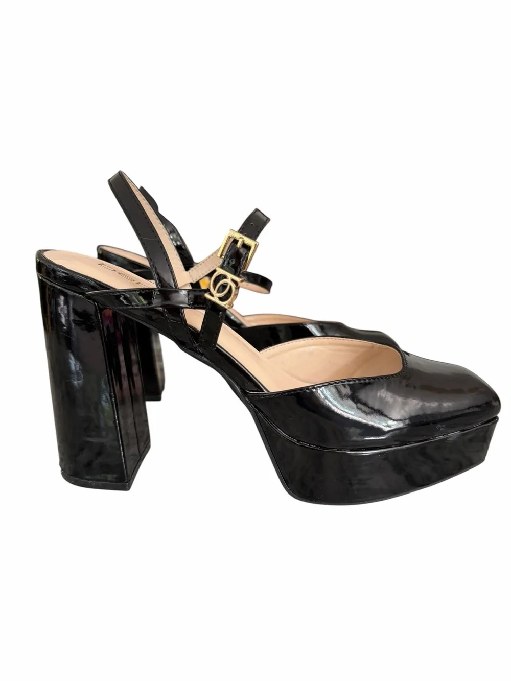 Bebe Janysa Black Patent Faux Square Toe Platform Block Heel Ankle Strap Size 9
